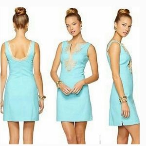 Lilly Pulitzer Janice shift dress in Shorely Blue with Gold trim, Size 2, NWT